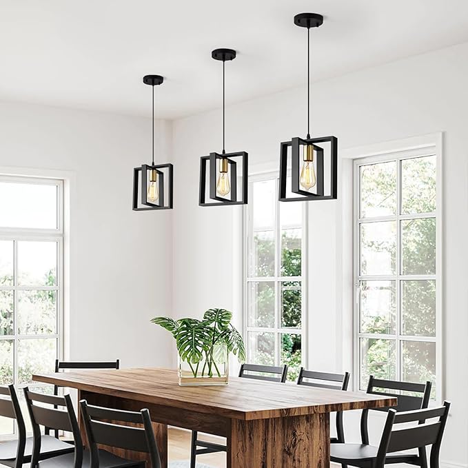 9MMML Black Pendant Lights Kitchen Island Set of 3, Farmhouse Hanging Lamp with 62'' Height Adjustable Cord, Small Wood Ceiling Pendant Light Fixture for Dining Room, Entryway, Foyer