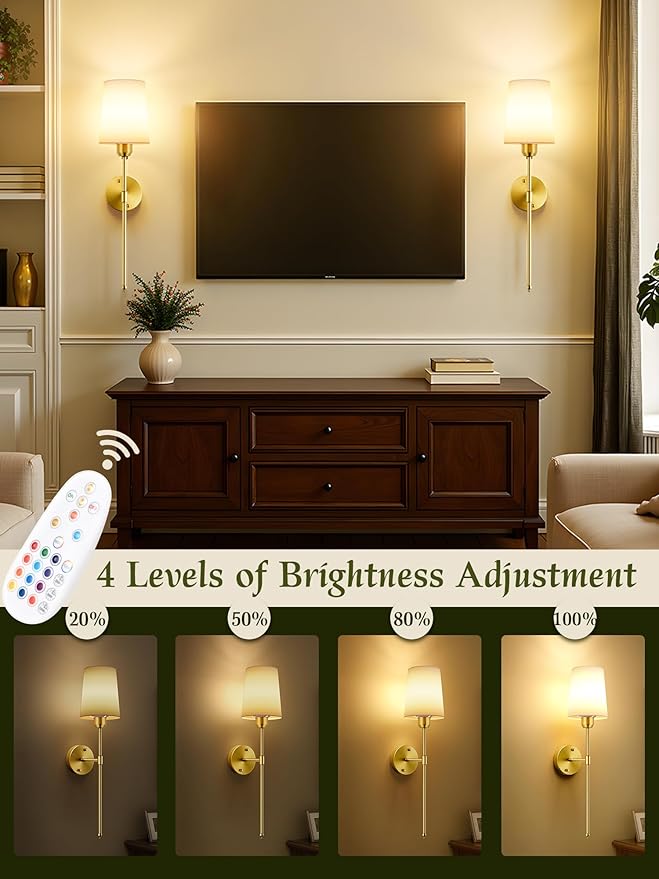 Battery Operated Wall Sconces Set of 2, Bronze Cordless Wall Lights with Rechargeable Magnetic Bulbs and Remote, Dimmable & 15 RGB Colors Wall Lamps for Bedroom Living Room Hallway 23Inch