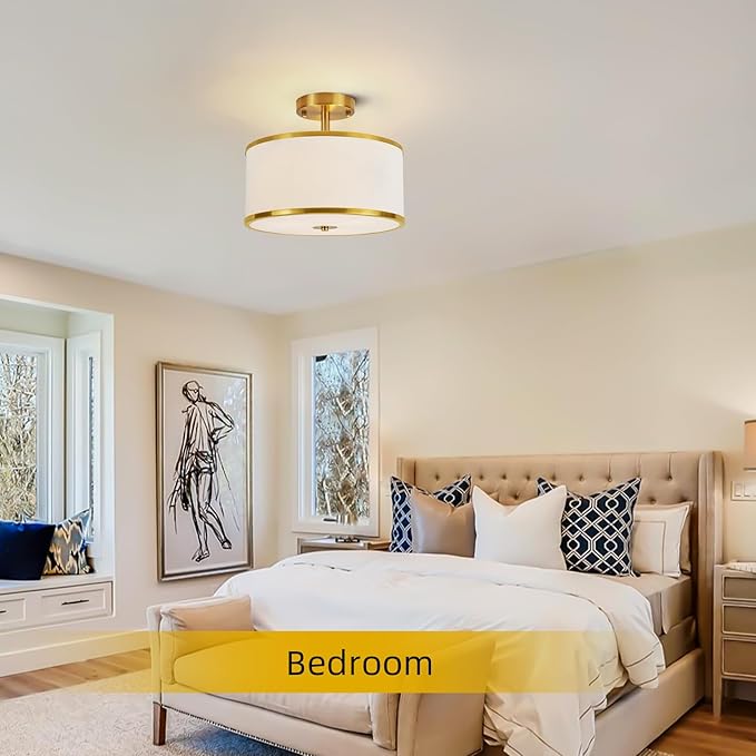 Semi Flush Mount Ceiling Light,3-Light Modern Close to Ceiling Light Fixtures, Gold Drum lamp with Fabric Shade, Hallway Light Fixtures for Foyer Bedroom Kitchen Laundry Room Living Room