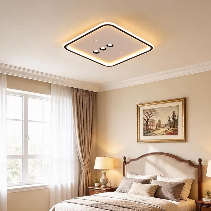 Square Diamond LED Ceiling Light with 3 Adjustable Spotlights, Dimmable Flush Mount Lighting Fixture, Black & White for Bedroom Living Room Kitchen Hallway