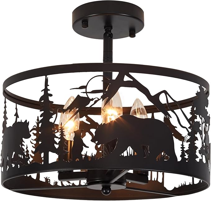 Farmhouse Rustic Slanted Ceiling Light Fixture - 3-Light Round E12 Base Black Metal Fixture with Deer and Bear Design - Perfect for Kitchen, Bedroom, Hallway, and Rustic Style