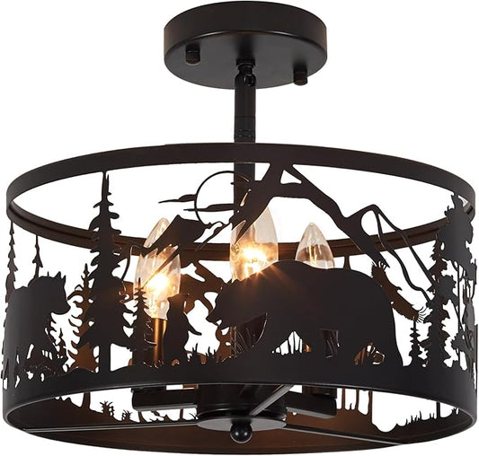 Farmhouse Rustic Slanted Ceiling Light Fixture - 3-Light Round E12 Base Black Metal Fixture with Deer and Bear Design - Perfect for Kitchen, Bedroom, Hallway, and Rustic Style