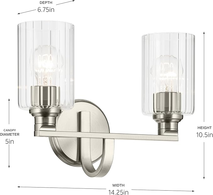 Kichler Gioe 14.25" 2-Light Bathroom Vanity Light Fixture with Clear Fluted Glass in Brushed Nickel, Damp Rated for Bathroom Over Mirror (14.25" W x 10.5" H), 55225NIFLU