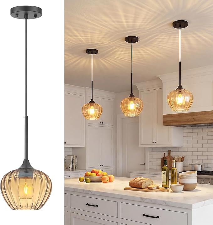 Glass Pendant Lights Kitchen Island, 7" Vintage Amber Pendant Lighting Samll Hanging Light Fixtures for Kitchen, Dining Room, Sink, Bathroom