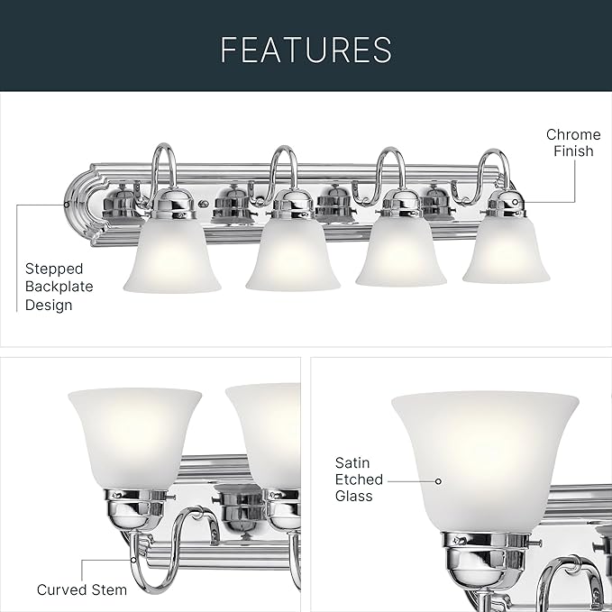 Kichler 30" 4-Light Vanity Bath Light in Chrome, Modern Bathroom Light with Clear Satin Etched Glass, ("30" W x 8" H), 5338CHS