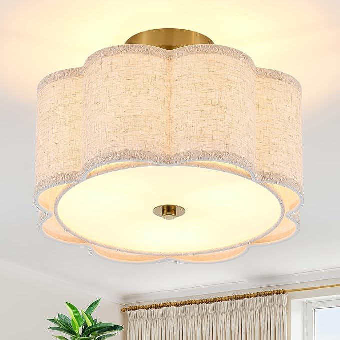Semi Flush Mount Ceiling Light, Beige Linen Fabric Shade Ceiling Light, Golden Modern Farmhouse Close to Ceiling Light for Bedroom, Laundry Room, Hallway, Living Room, Dining Room