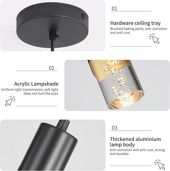 Minimalist Kitchen Island Pendant Lights, Black Modern Linear Hanging Light Fixture, Bubble Acrylic, Adjustable 2700K/4500K/6500K, LED Ceiling Lighting for Dining Room, Bedside, Bathroom, Bar