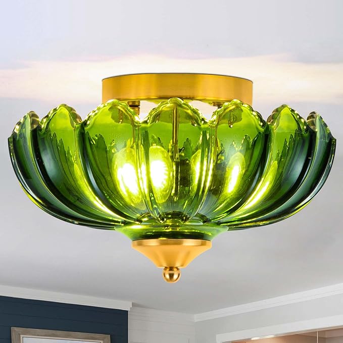 Semi Flush Mount Ceiling Light,Vintage Ceiling Light 9.8 Inch Small Green Glass Ceiling Lighting E26 Hallway Vintage Lights Fixture Ceiling for Living Room, Bedroom, Dining Room