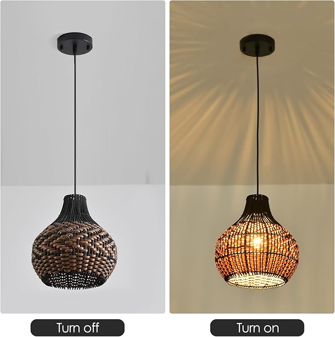 3-Pack Rattan Pendant Light,11" Hand-Woven Black Brown Faux Rattan Hanging Light Boho Wicker Basket Chandelier,for Living Room Bedroom Kitchen Dining Farmhouse