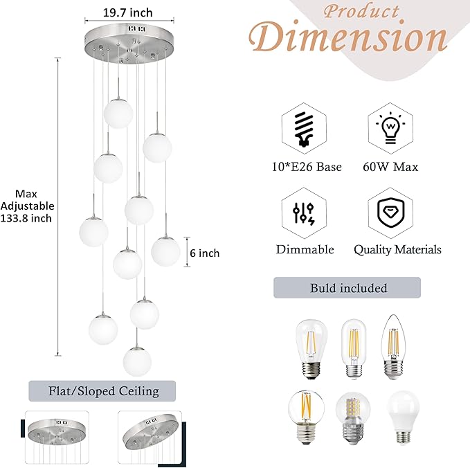 KoKo&Yukina 10 Light Globe Pendant Light Adjustable Hanging Light Staircase Chandelier Milk Glass Pendant Lights with Milky White Glass Shade Globe Lights for Staircase