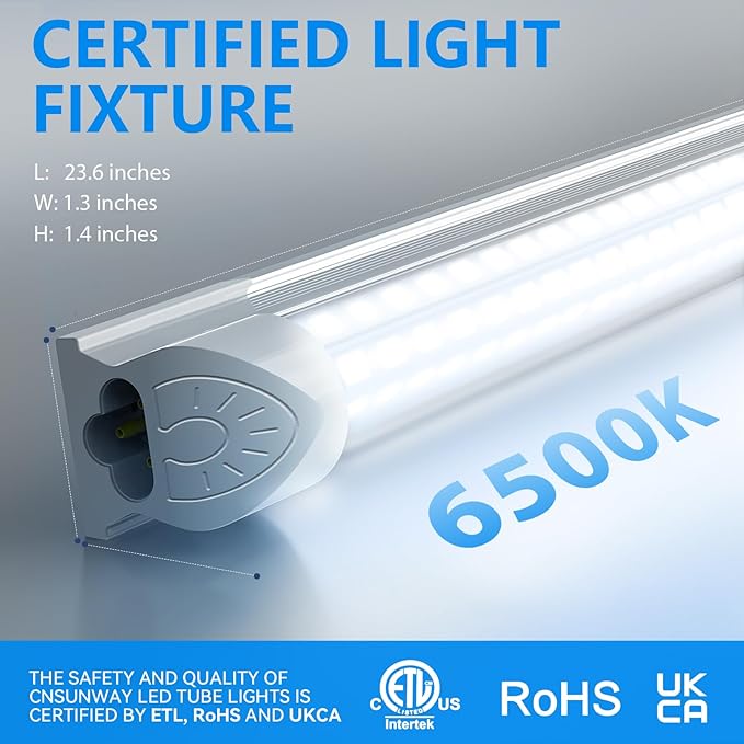 CNSUNWAY LED Shop Light 2FT, 24W 3600LM 6500K Super Bright, T8 Integrated LED Light Fixture, D-Shape, Linkable Utility Shop Lights for Cabinet, Garage, Workbench, Basement, 2 Pack