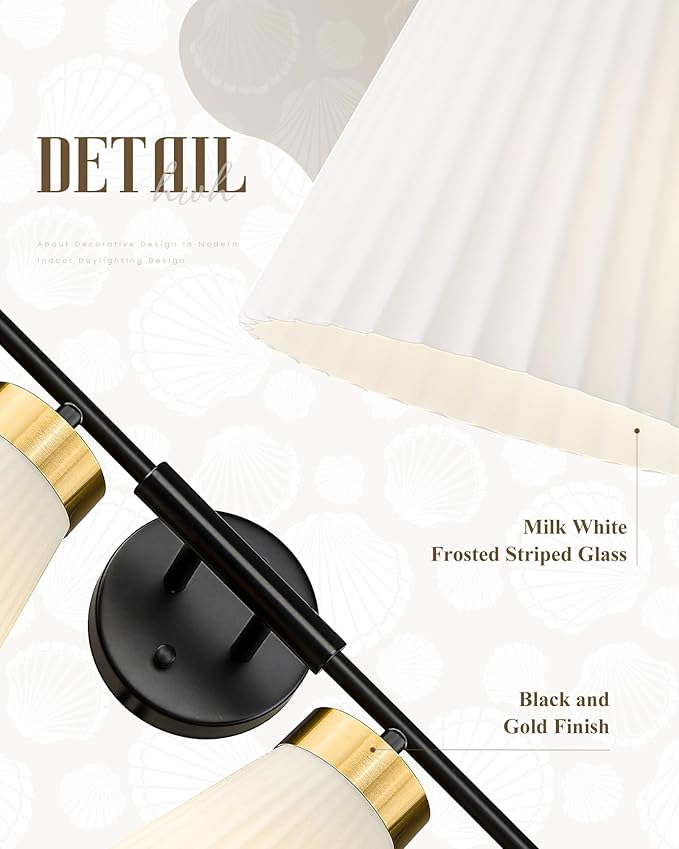 4-Light Bathroom Light Fixture, HWH 32 Inch Vanity Lights Over Mirror, Modern Sconce Wall Lighting with Frosted Milk White Striped Glass, Black and Gold Finish, 5HZG97B-4W BK+BG