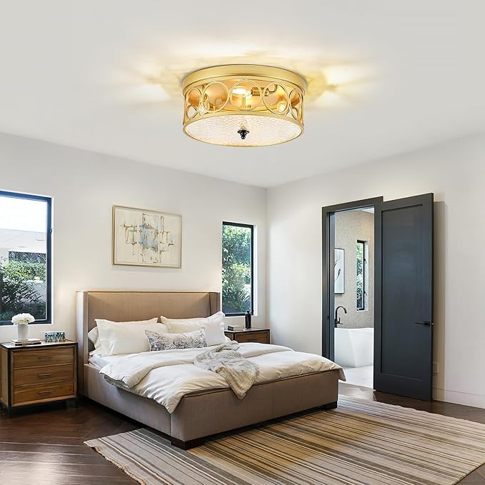 4-Light Flush Mount Ceiling Light Fixtures,15.2in Gold Metal Farmhouse Ceiling Lighting with Clear Glass & E12 Socket,for Kitchen Island, Bedroom, Entryway, Dining Room