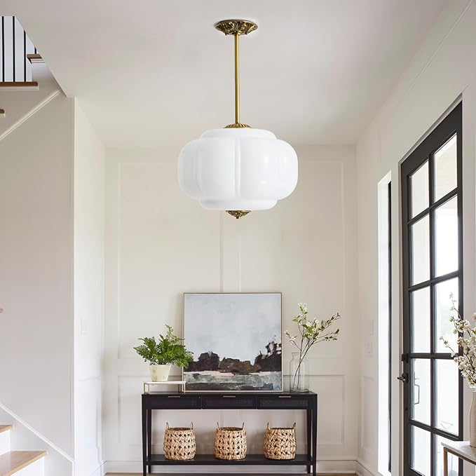 Milk Glass Ceiling Light Fixture,Milk Glass Pendant Light ,Semi Flush Mount Pendant Light Vintage Schoolhouse Ceiling Light for Kitchen Island, Living Room, Dining Room, Bedroom (White, 15 Inch)