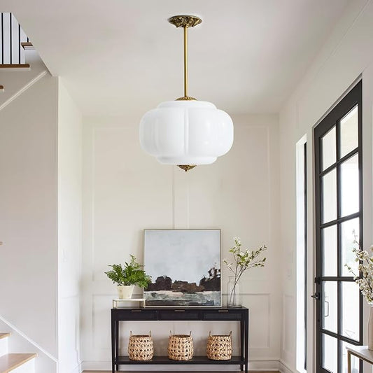 Milk Glass Ceiling Light Fixture,Milk Glass Pendant Light ,Semi Flush Mount Pendant Light Vintage Schoolhouse Ceiling Light for Kitchen Island, Living Room, Dining Room, Bedroom (White, 15 Inch)