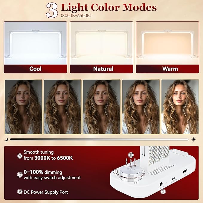 34in Nail Light for Desk Foldable Large Half Moon Lamp Suitable for Nail Tech Beauty Manicure Eyelash Extension Tattoo Eyebrows Crafts Stepless Brightness with 3 Color Modes Infinitely Knob