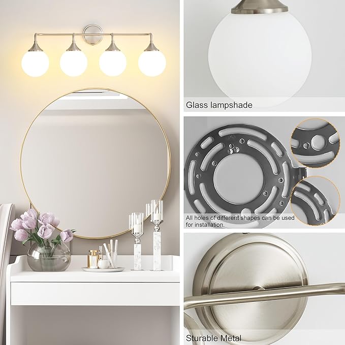 Brushed Nickel Vanity Lights Fixtures, 4-Light Bathroom Vanity Lighting Over Mirror, Modern Bathroom Wall Sconces with Milky White Glass Ball Shades