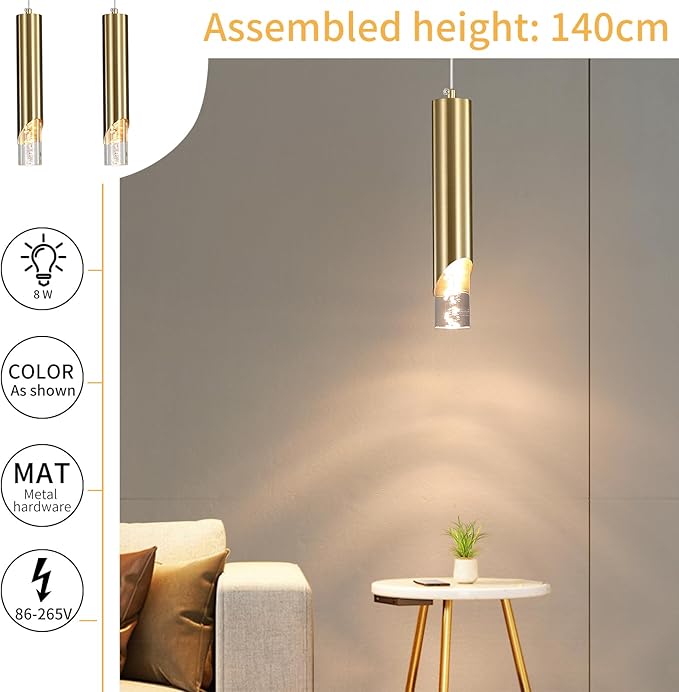2 Pack Modern Gold Pendant Light Fixture, Acrylic Bubble Cylinder Hanging Lights, 3 Color Temperatures, Minimalist Ceiling Chandelier Lighting for Dining Room, Bedroom, Hallway, Bar, Kitchen Island