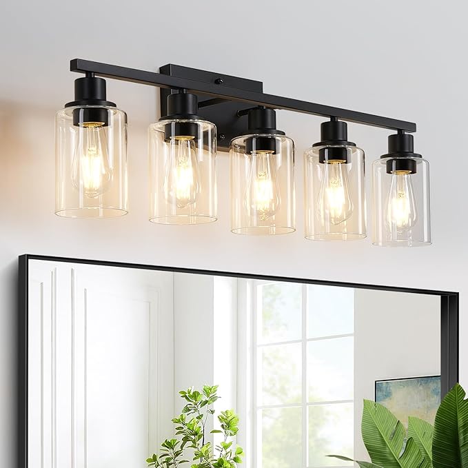 MOKATNG 5-Light Bathroom Light Fixtures, Vanity Light with Clear Glass Shades, Matte Black Bathroom Light Fixtures Over Mirror, Modern Bathroom Wall Lamp for Mirror Living Room Cabinet Bedroom