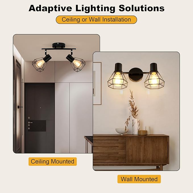 HiBay 2-Light Track Lighting Black, Rotatable Directional Ceiling Light Fixtures, Farmhouse Geometric Metal Cage Industrial Spotlight for Kitchen, Bedroom, Hallway, E26 Base (Bulbs Not Included)