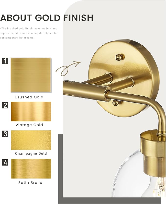 zeyu 3-Light Modern Vanity Light Fixture, 23 Inch Bathroom Light Fixtures Wall Mount with Clear Glass Globe Shade, Brushed Gold Finish, ZS62BG-3W BG