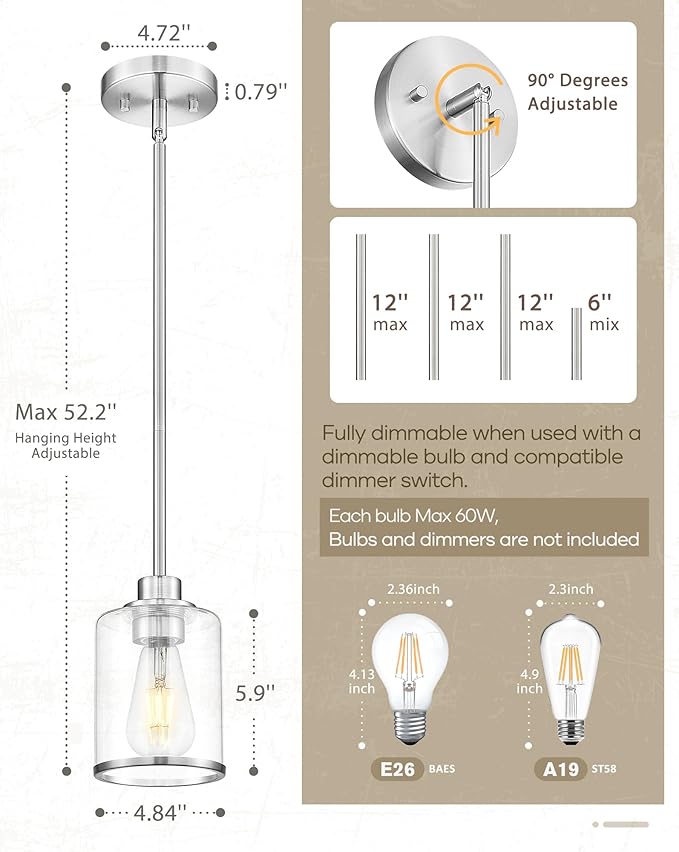 Beionxii Brushed Nickel Pendant Lights Kitchen Island, Hanging Lights Fixtures with Clear Glass, Kitchen Pendant Lighting Over Island, Hanging Lights for Sink, Dining Room, Entryway, BX-PL02BN-CG