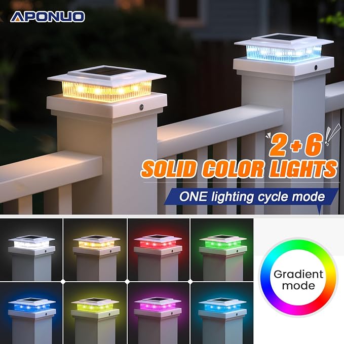 APONUO 6 Pack Solar Post Cap Lights Color Changing - 8 Solid Colors & Flowing Multicolor, IP65 Waterproof for 4x4 Wood/Vinyl Posts, Auto On/Off Deck Fence Patio Garden Lighting, White
