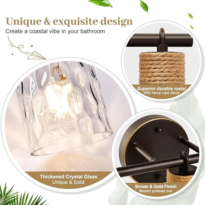 MOKATNG Bathroom Light Fixtures, 3-Light Coastal Vanity Lights with Crystal Glass Shade, Oil-Rubbed Bronze Bathroom Wall Lamp for Mirror Kitchen Hallway Cabinet