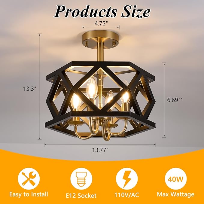 Black and Brushed Gold Semi Flush Mount Ceiling Light, Farmhouse Modern Light Fixture, 4-Light Metal Hallway Ceiling Lamp, Small Chandelier for Foyer Entryway Porch Bedroom Kitchen, E12 Base
