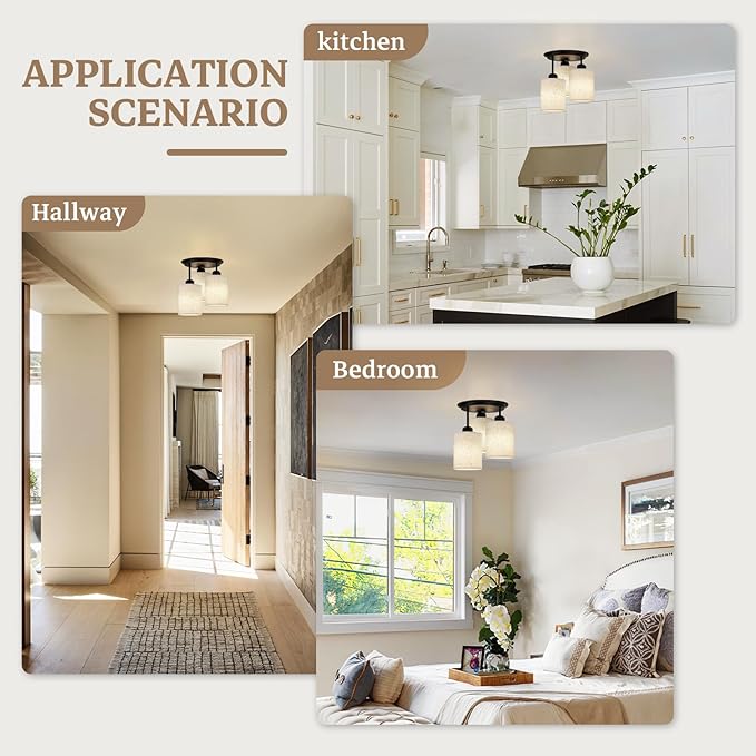 Semi Flush Mount Ceiling Light, 3-Light Close to Ceiling Light Fixtures, Matte Black Kitchen Light Fixtures with Linen Fabric Shade, Hallway Light Fixtures Ceiling Mount for Foyer Entryway