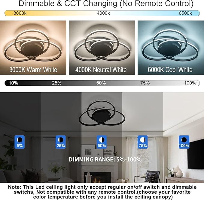 MADEM Room Decor 23.6'' Modern LED Ceiling Light Dimmable Flush Mount for Bedroom Black LED Chandelier Close to Ceiling Light for Living Room Dining Room Kitchen Hallway, 38W 3000K-6000K