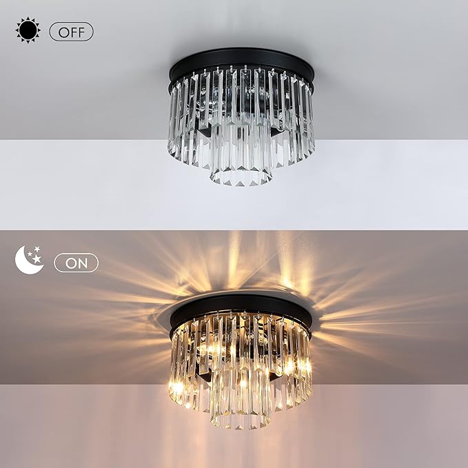 MEXO Crystal Flush Mount Ceiling Light Black Finish,2-Tier Crystal Close to Ceiling Light Fixture for Living Room Bedroom Dinning Room Hallway