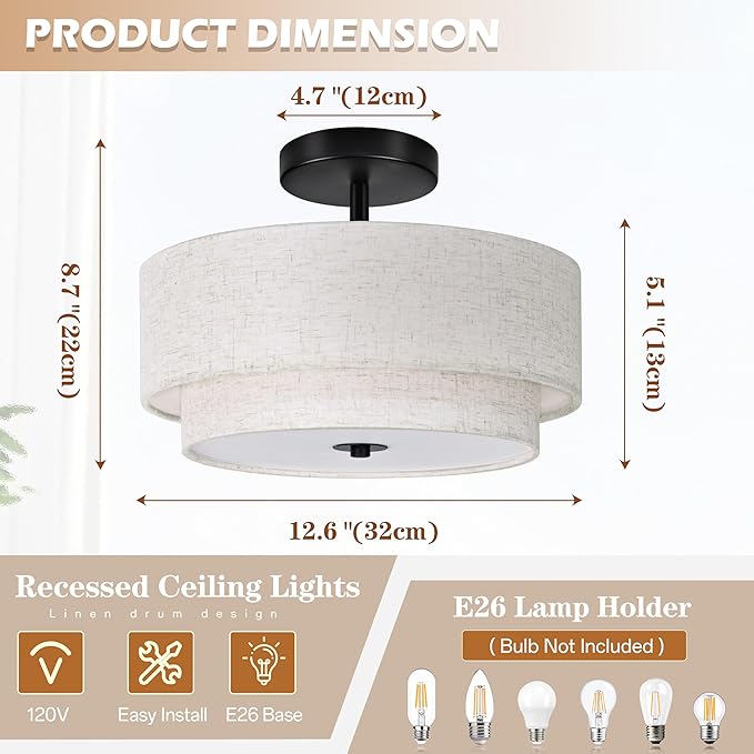 2 Light Semi Flush Mount Ceiling Light Fixture 12.6 Inch Modern Black Drum Ceiling Light Fixture with 2-Layer Fabric Shade Dimmable Close to Ceiling Light for Living Room Hallway Bedroom Entryway