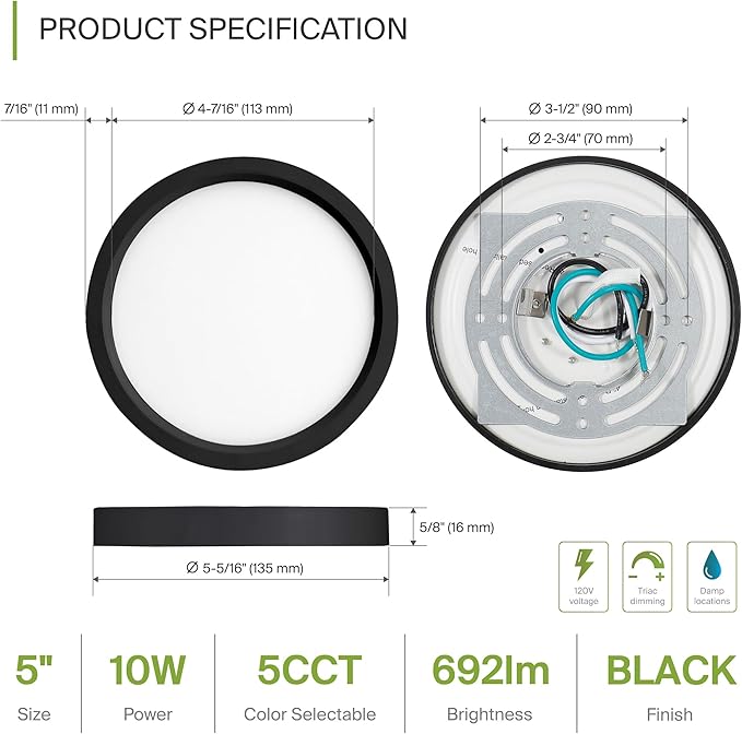 ASD LED 5" Round Flush Mount Ceiling Light Fixture, Low Profile Surface Lighting | 5CCT, Dimmable, Ultra-Thin, ETL Listed | 10W 700LM 2700-6000K 120V | Kitchen, Bedroom, Hallway Lamp | Black