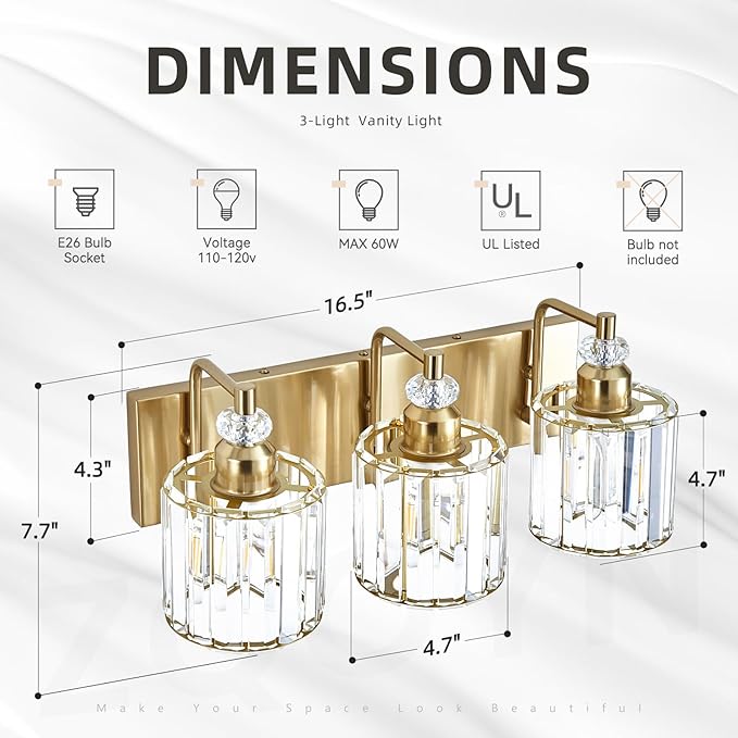 3-Light Modern Gold Bathroom Vanity Lights Brushed Brass Lighting Fixtures Over Mirror, Bathroom Vanity Lighting with Crystal Shade Wall Sconce E26 Base for Bedroom Livingroom Restroom Wall Lamp