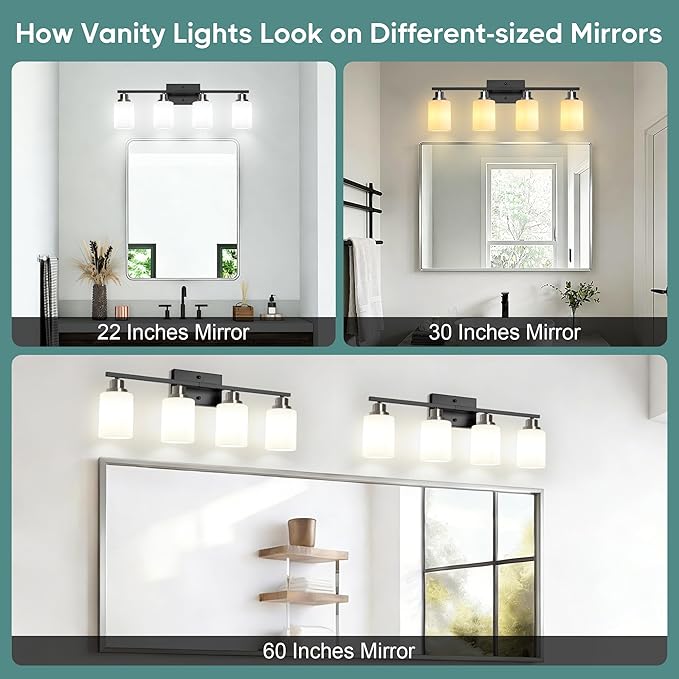 Ascher Bathroom Light Fixtures, 4-Light Vanity Light Over Mirror, Black and Nickel Wall Sconces with Milky White Frosted Glass Shades, Wall Lamp for Living Room Bedroom, E26 Base(Bulbs Not Included)