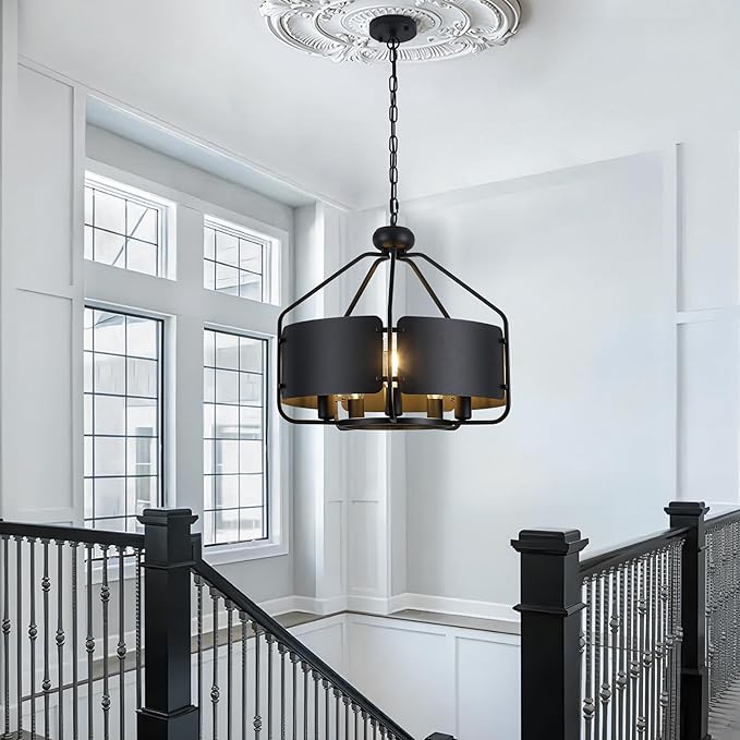 21'' Black Farmhouse Chandeliers for Dining Room, Vintage Industrial Large Drum Chandelier, Rustic Round Coastal Pendant Light Fixtures Adjustable Hanging for Kitchen Island Foyer Hallway - 5 Light