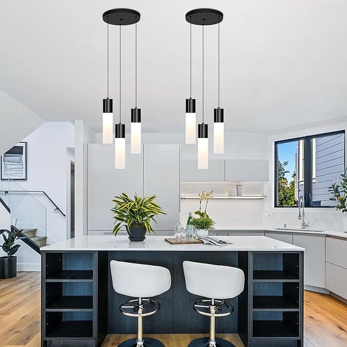 Cluster Black Pendant Lighting Fixture 3-Light Modern Hanging Dining Table Light with Milky White Lampshade LED Pendant Lights for Kitchen Island Dining Room Adjustable Height, 3000K-6000K