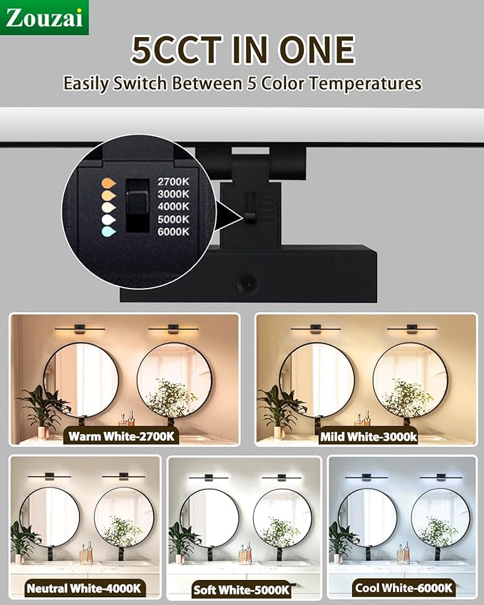 zouzai Second Generation Modern LED Bathroom Vanity Light Bar Black IP44 Over Mirror Bath Wall Fixture 5CCT Adjustable, Dual-Sided, 180° Adjustable Angle (24 inch)