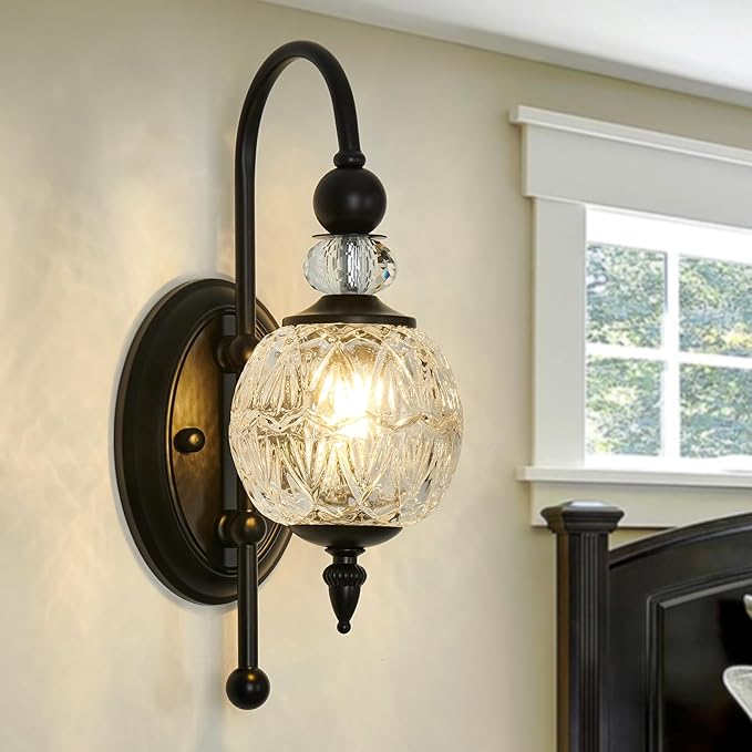 Piepooye Vintage Black Wall Sconce with Glass Globe Shade Mid Century G9 Bulb Wall Light Indoor Wall Lamp for Bathroom Farmhouse Bedroom Living Room Hallway