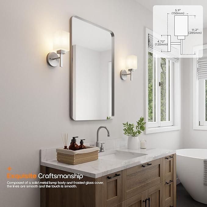 Bathroom Light Fixtures Brushed Nickel Vanity Light with White Frosted Glass Shade, Wall Lamps for Mirror Kitchen Bedroom Porch, 2 Pack T002BR-L1-P2