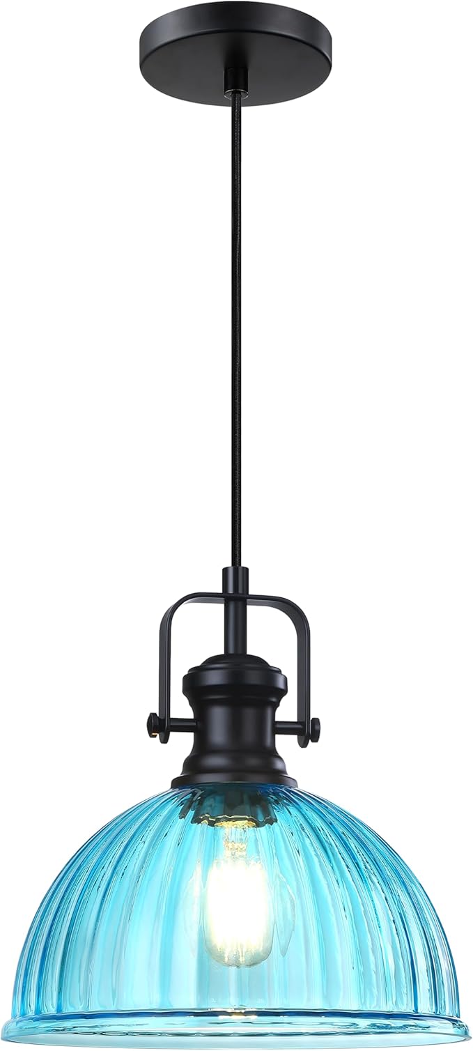 Leading Lighting 1 Light Pendant Light Hanging Modern Farmhouse Indoor Fixture 10" Blue Textured Glass Black Finish Dinning Over Sink Kitchen Island