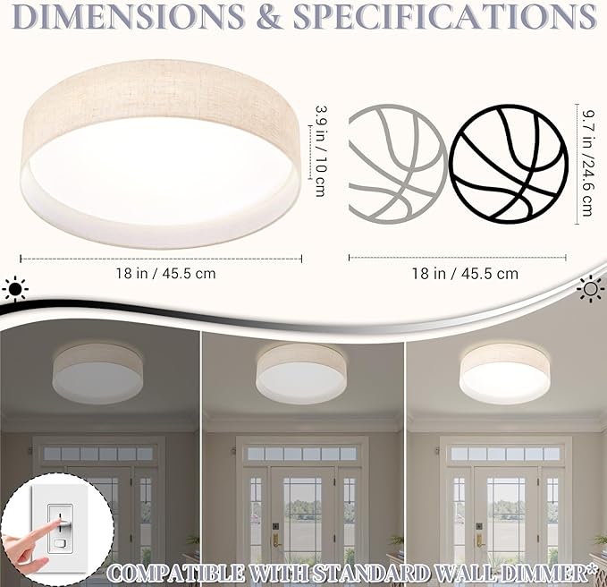 Hamilyeah 2 Pack 18 inch LED Flush Mount Ceiling Light Fixture, Dimmable Ceiling Light Fixture with Fabric Shade 36W 5CCT, Drum Light Fixture Ceiling Mount for Bedroom, Bathroom, Living Room, Kitchen