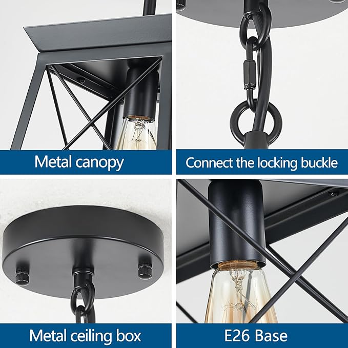 HuixuTe Black Farmhouse Pendant Lights, Industrial Kitchen Island Lighting, Rectangle Linear Cage Chandeliers for Kitchen, Dining Room Table