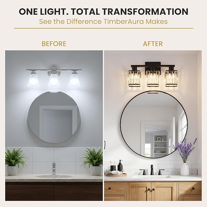 Crystal Bathroom Light Fixtures, 3-Light Matte Black, Vanity Lights for Bathroom Over Mirror, Modern Bath Wall Sconce for Mirror Bedroom Living Room