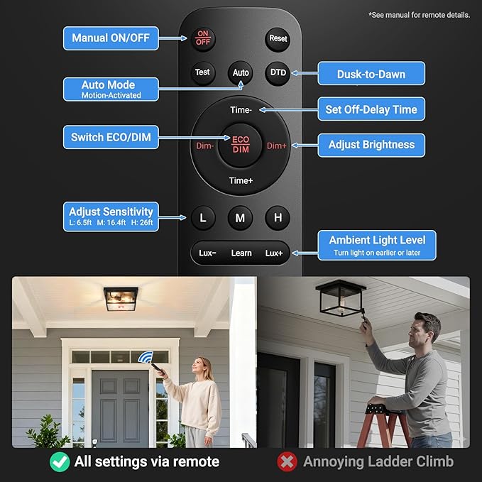VIANIS Black Motion Sensor Outdoor Ceiling Light with Remote Control, Flush Mount Ceiling Lighting for Porch, Garage, Entryway, Adjustable Distance Time, 5 Modes, Water Ripple Glass, 2-Light(No Bulbs)