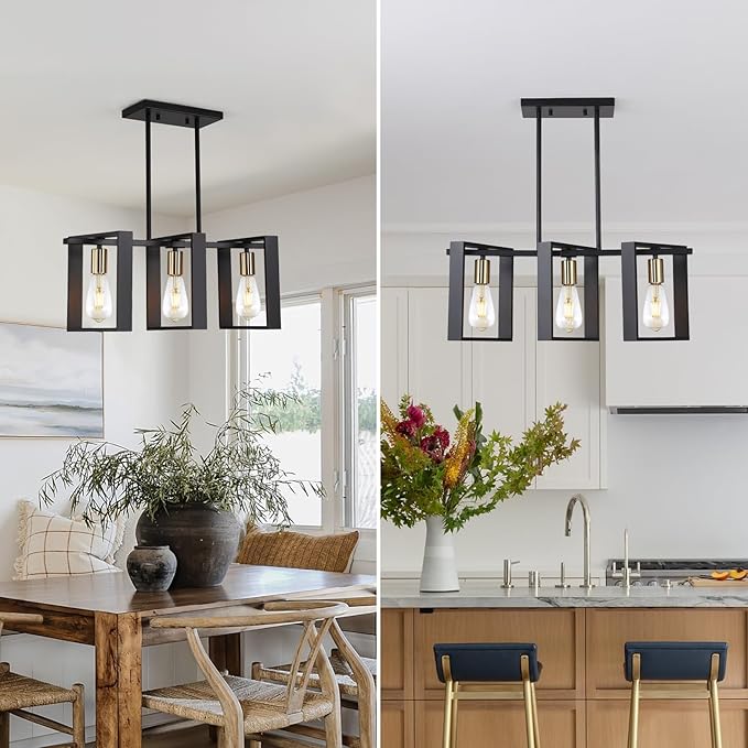 9MMML 3 Lights Kitchen Island Lighting, Modern Rectangle Linear Pendant Light, Black Frame+ Gold Socket Chandelier for Dining &Living Room Foyer Entryway Hallway,E26,Height Adjustable.