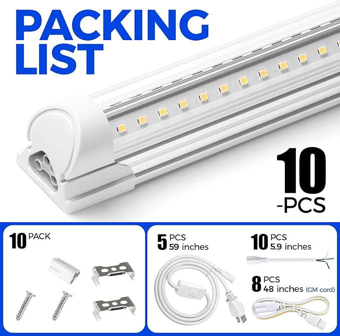 Barrina LED Shop Light, 4FT 40W 5500LM 5000K Daylight White, V Shape, Clear Cover, Linkable with Plug, T8 LED Tube Lights, ETL Listed, 10 Packs