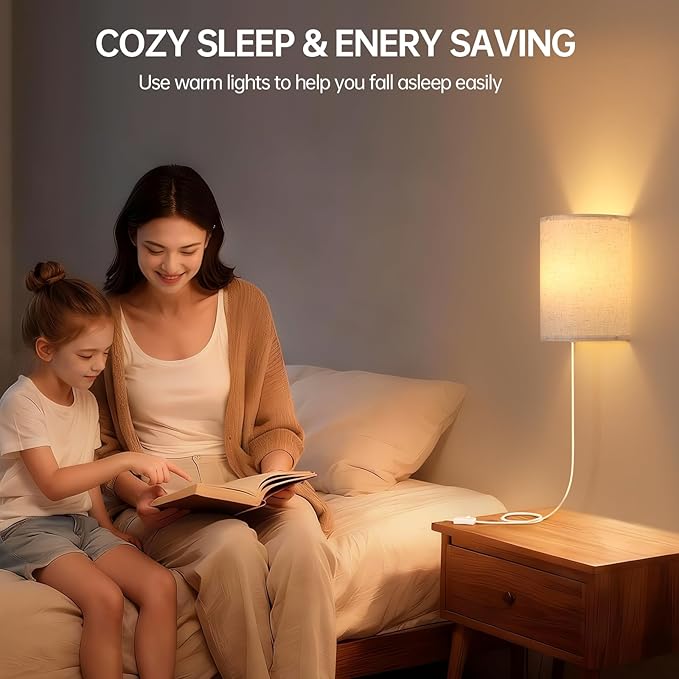 Shenmoyl Plug in Wall Sconces Set of 2 - Dimmable 3 Light Modes, Soft Fabric Linen Shade, Easy Install Wall Lamp for Bedroom, Corridor, Living Room Indoor Ambience Lighting with Switch