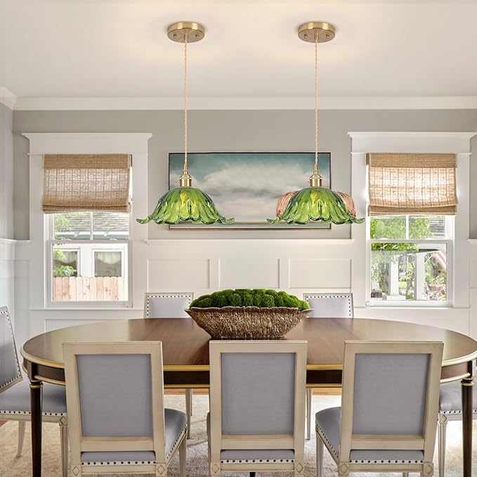 Vintage Pendant Light,Green Glass Light Fixtures,11 inch E26 Flower Pendant Lights Adjustable Hanging Light for Bedroom Hotel Dining Room 1 Pack